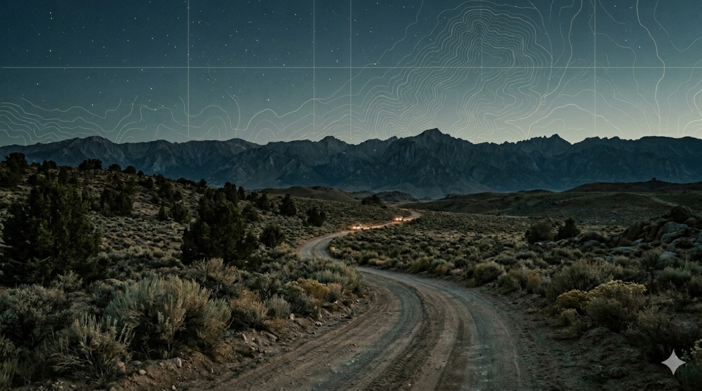 Trucks on a night trail under a topo-lined sky